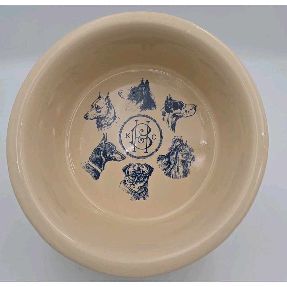 VTG Harry Barker Porcelain Dog Water Bowl Creme And Blue Ceramic 6" Silhouette